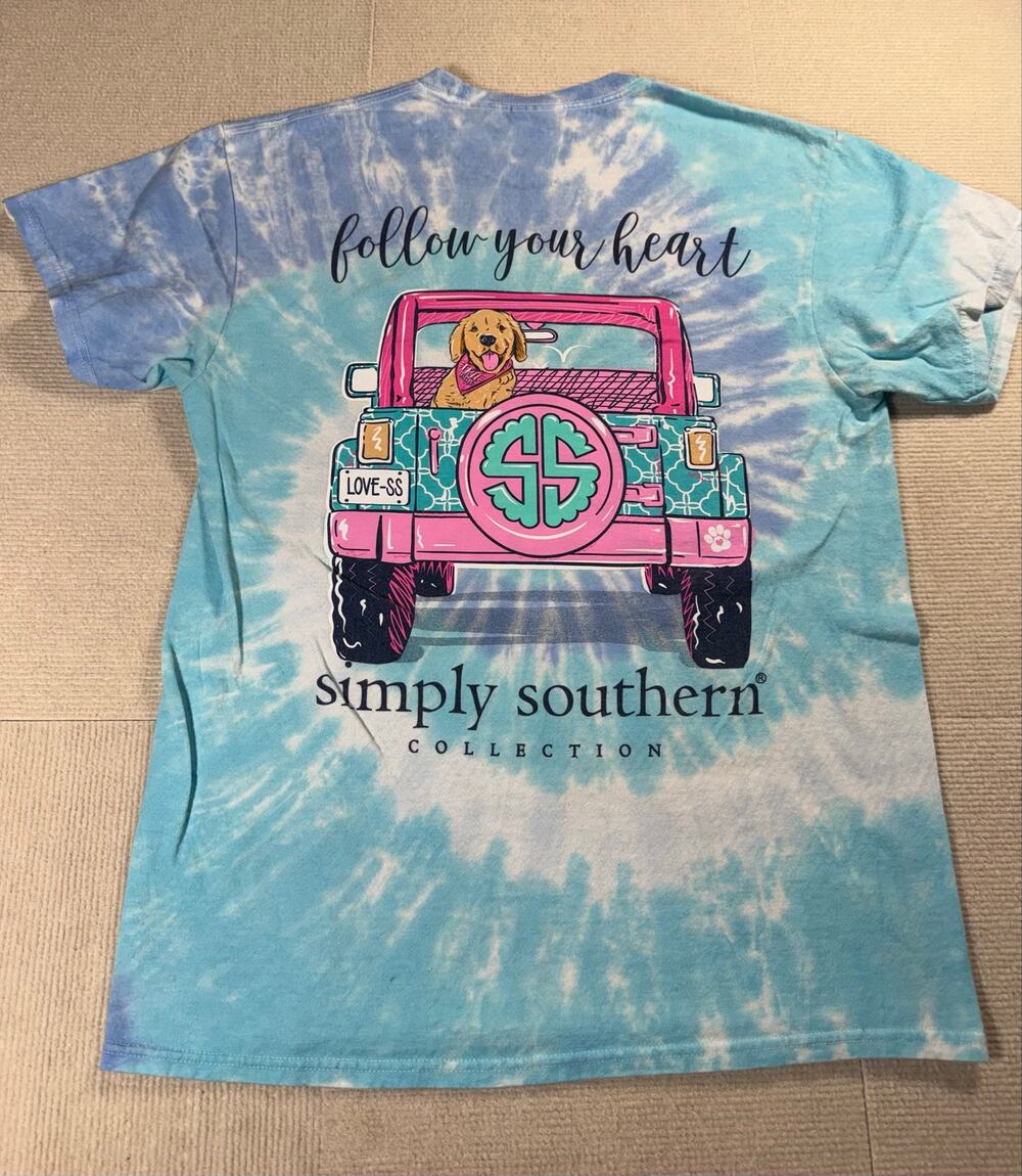 Simply Southern Women's Medium Tie Die Blue Jeep Golden Retriever Doodle Dog